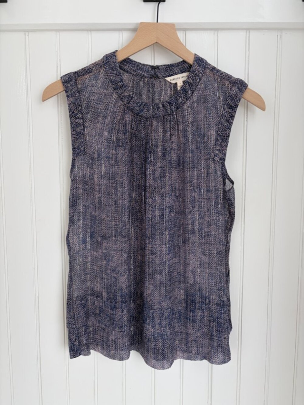 Rebecca Taylor Metallic Ruffle Neck Sleeveless Blouse Navy Rose Sheer Sz 2